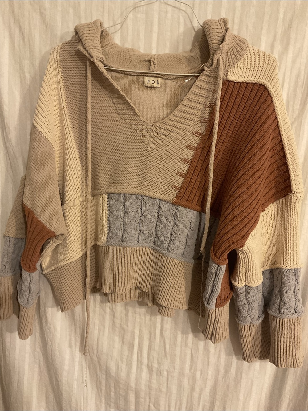 POL Oversized Multi-Color Patchwork Hooded Sweater Cropped Sz.M.